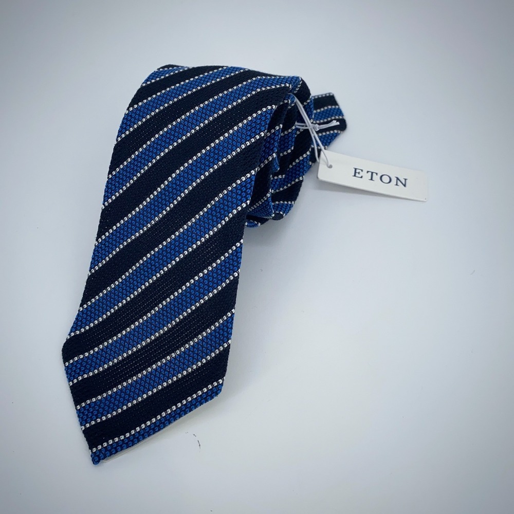 Eton Tie Mens One Size Black Blue‎ Striped Classic Luxury Necktie Italy Made NWT